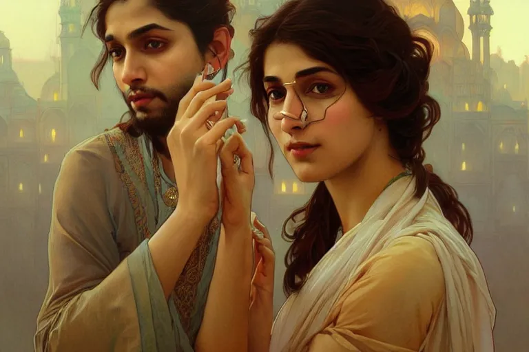 Image similar to Anxious good looking pale young Indian doctors arguing, portrait, elegant, intricate, digital painting, artstation, concept art, smooth, sharp focus, illustration, art by artgerm and greg rutkowski and alphonse mucha