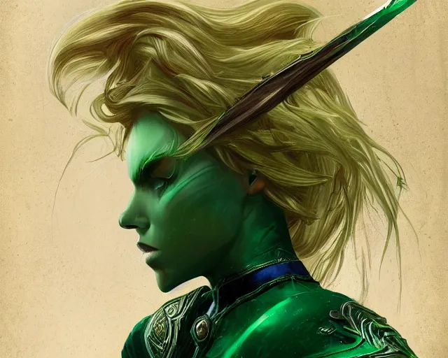 Prompt: A blonde emerald warrior, HD, illustration, epic, fantasy, intricate, elegant, amazing detail, digital painting, artstation, concept art, smooth, sharp focus, illustration, art by Frank Neidhardt