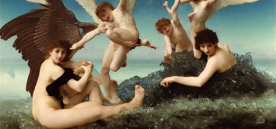 Image similar to hyperrealist highly detailed english medieval portrait of high fashion archangel swimming in black giant ferrofluid liquid ocean, Art by William Adolphe Bouguereau,, Art by William Adolphe Bouguereau,, by Annie Swynnerton and Tino Rodriguez and Maxfield Parrish, elaborately costumed, rich color, dramatic cinematic lighting, extremely detailed, radiating atomic neon corals, concept art pascal blanche dramatic studio lighting 8k wide angle shallow depth of field, Art by William Adolphe Bouguereau, extreme detailed and hyperrealistic