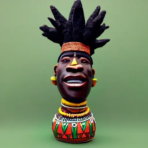 Prompt: burna boy as a tribal chief figurine, detailed product photo,