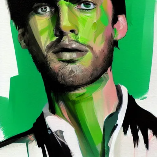 Image similar to closeup, very few thick long paint brush strokes, abstract depiction of the physique of one!!! very thin black suit man with green long straight hair posing dramatically, closeup, matte colors, conrad roset, dark abstract background, abstract painting trending on artstation