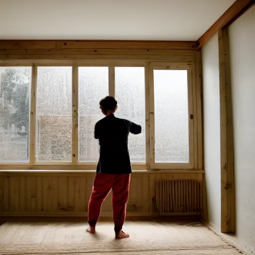 Image similar to person in pyjamas standing near window, turned back to camera, cinematography, sun rays, daylight, big french door window, big spatious room, carpet at the floor, wide shot 2 4 mm, anamorphic shot lens, walls at left and right sides, window at the center, wooden floor, modern, winter sun, photorealistic, high ceiling