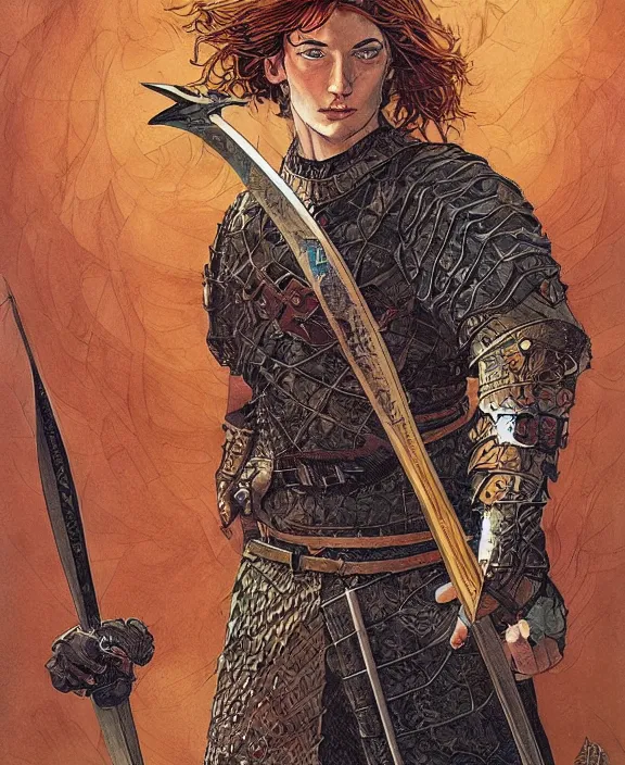 Prompt: a beautiful young medieval warrior, by asaf hanuka, by karol bak, by tony diterlizzi, colored pencil, fine art