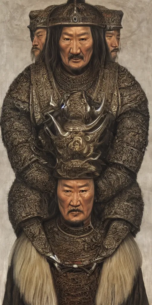 Prompt: a stunning and noble highly detailed portrait of genghis khan by h. r. giger, trending on artstation, oil painting masterpiece, symmetry, mysterious, very very very aesthetic