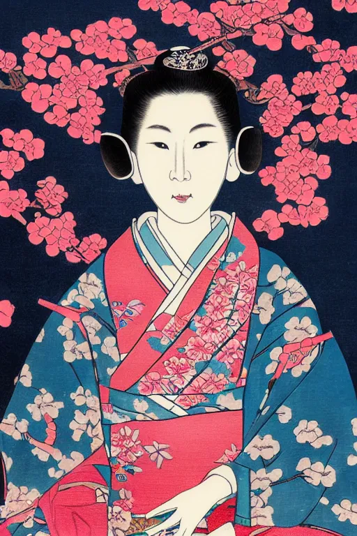 Prompt: a japanese queen portrait wearing a kimono in the art style of japan, with cherry blossom trees in the background, incredibly detailed and beautiful painting