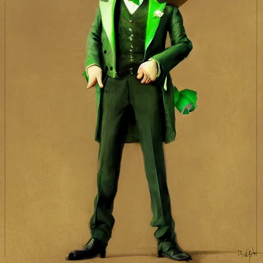 Image similar to hyper realistic, beautifully rendered, dapper fancy luigi wearing a green top hat, green suit and bowtie, smirking deviously, painted by greg rutkowski, wlop, artgerm, dishonored 2