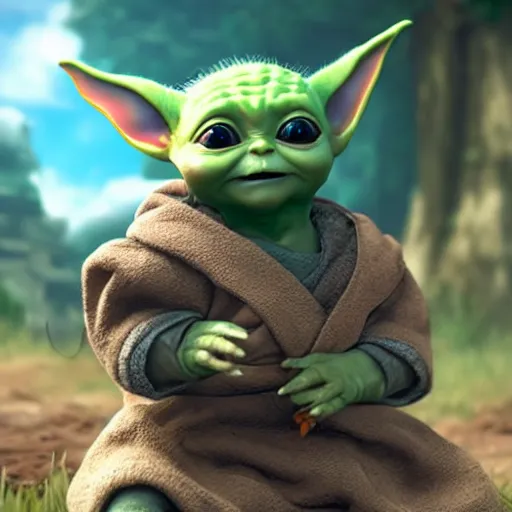 Prompt: zelda playing with baby yoda, detailed, hyper realistic, 4 k octan render, unreal 5