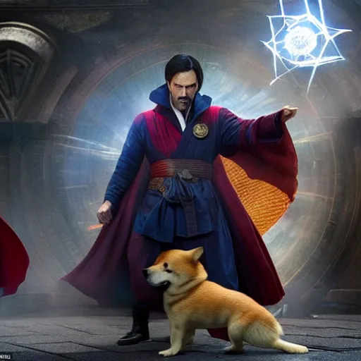 Image similar to dr. strange casting a shield spell in the metaverse with a shiba inu at his feet, hyper realistic, highly detailed, perfect face, smooth, focus, movie still, cinematic