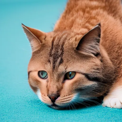 Image similar to a chonky cat, 1 0 5 mm photography, laying on a red carpet
