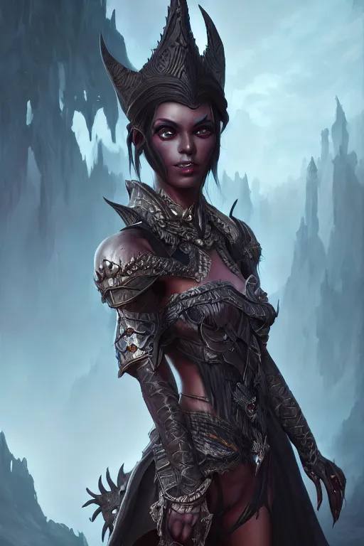 Image similar to dark elf princess, highly detailed, d & d, fantasy, highly detailed, digital painting, trending on artstation, concept art, sharp focus, illustration, global illumination, shaded, art by artgerm and greg rutkowski and fuji choko and viktoria gavrilenko and hoang lap