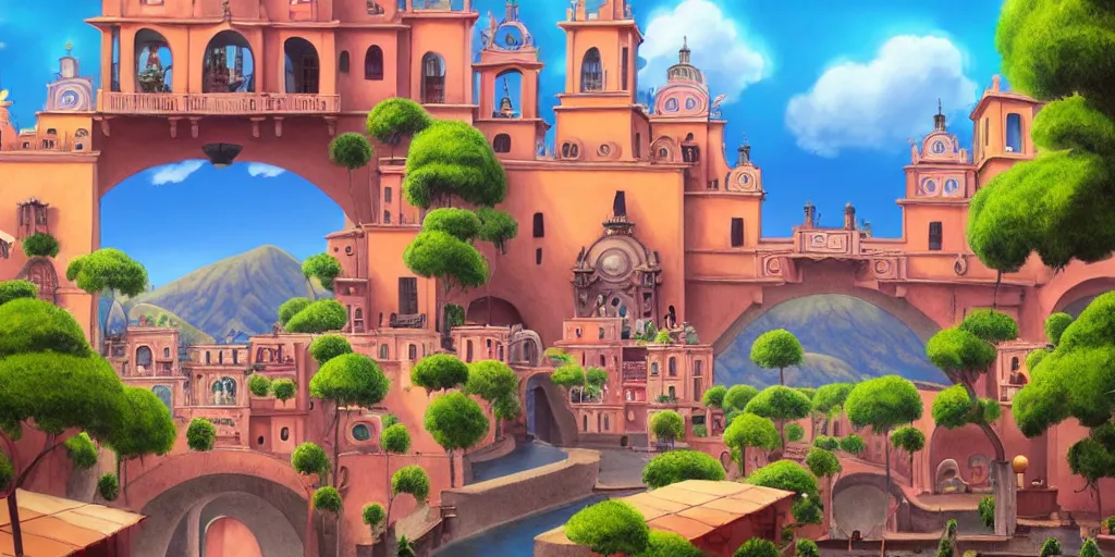 Prompt: background plate matte painting ghibli miyamoto pixar dreamworks vista guanajuato mexico.