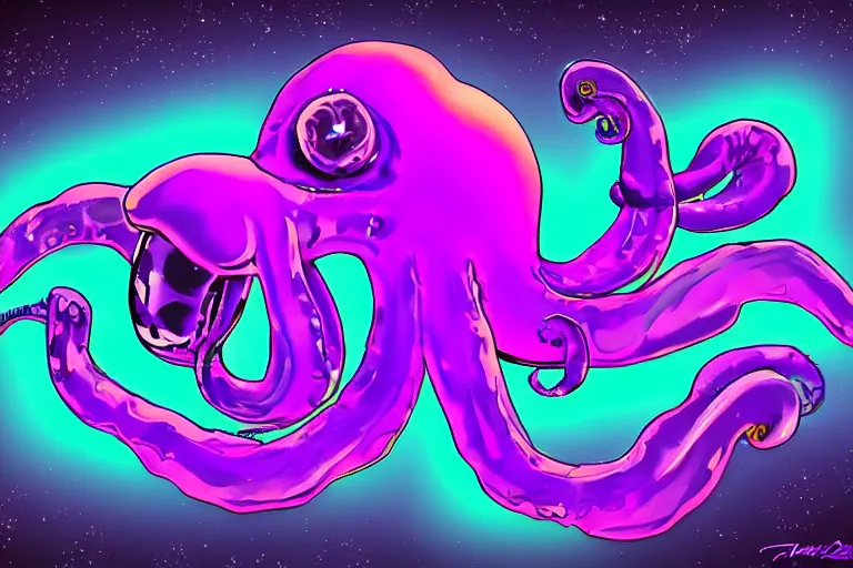Prompt: digital art of a neon purple octopus floating in space by Hirohiko Araki, neon outline, sharp lines, blurry background (arcylic), ((synthwave)),
