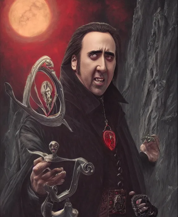 Image similar to nicolas cage as dracula, highly detailed, centered, artstation, concept art, smooth, sharp focus, illustration, bokeh art by artgerm and donato giancola and joseph christian leyendecker