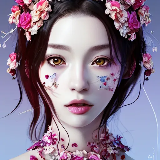 Prompt: the portrait of the absurdly beautiful, graceful, elegant, gorgeous, fashionable photorealistic anime young woman made of cherries and white petals with tears, an ultrafine hyperdetailed illustration by kim jung gi, irakli nadar, intricate linework, bright colors, octopath traveler, final fantasy, unreal engine highly rendered, global illumination, radiant light, intricate environment