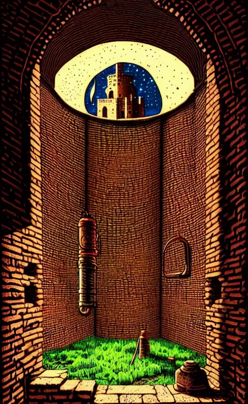 Image similar to ancient brickwall in a castle, round window looking out to the stars wizards mixing potions in his laboratory, high details, intricately detailed, by vincent di fate, inking, 3 color screen print, masterpiece, trending on artstation,, sharp, details, hyper - detailed, hd, 4 k, 8 k