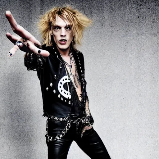 Prompt: Jamie Campbell Bower as a glam rock god, studio photograph for his new hair metal album