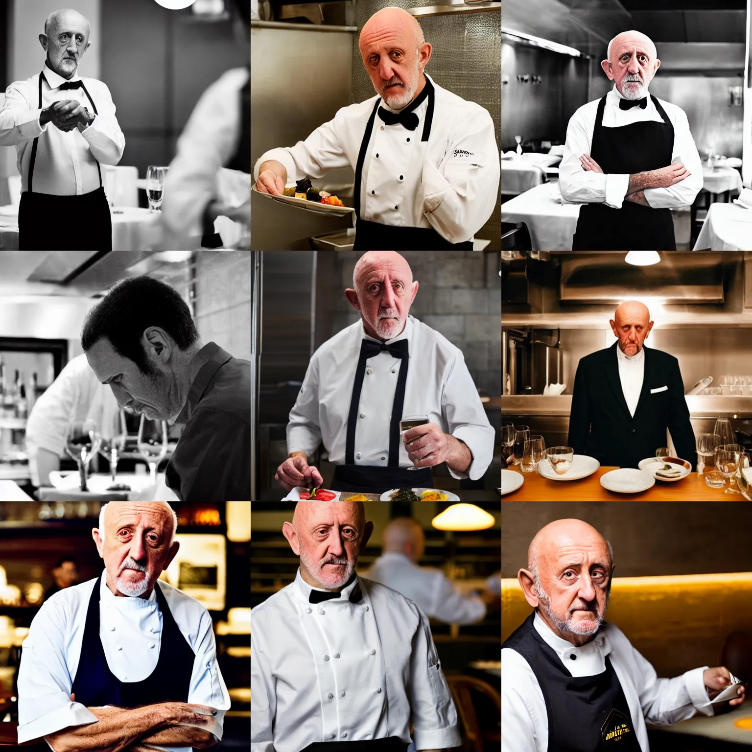 Prompt: mike ehrmantraut working as a waiter in a michelin star restaurant, professional photography