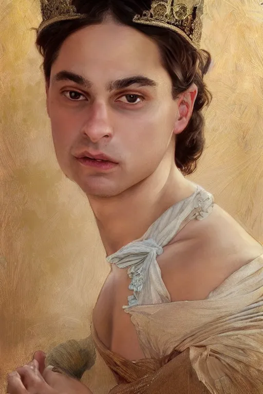 Image similar to photorealistic portrait photograph of ben shapiro as an aesthetic maid queen, beautiful, upper body, fantasy, handsome, depth of field, soft focus, highly detailed, intricate, realistic, national geographic cover, soft glow, textured, artstation, concept art, sharp focus, illustration, art by artgerm and greg rutkowski and alphonse mucha