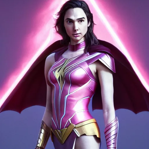 Image similar to gal gadot as the pink power ranger in the style of makoto shinkai zhaoming wu, john collier, albert aublet, cedric peyravernay. sharp focus, semi - realism, intricate detail. unreal engine, octane rendering