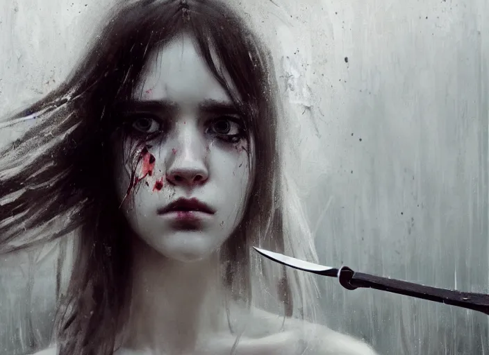 Image similar to close up picture of a white dress girl chasing from grim reaper, holding a little knife, hard breathing, messy hair, messy lines, scared face, beautiful and aesthetic and attractive and detailed face, dramatic situation, specular reflection, occlusion shadow, intricate, bokeh, masterpiece, by ilya kuvshinov and jeremy lipking and quentin mabille