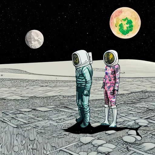 Prompt: a farm on the moon, earth seen in the distance by martine johanna, macabre