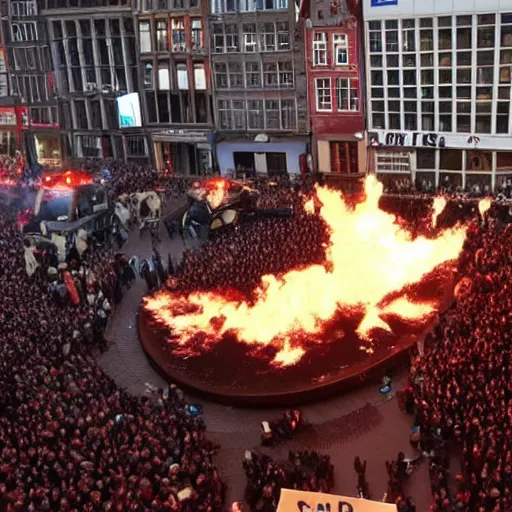 Prompt: cows demonstrating with police, on dam square amsterdam, burning, sirens police