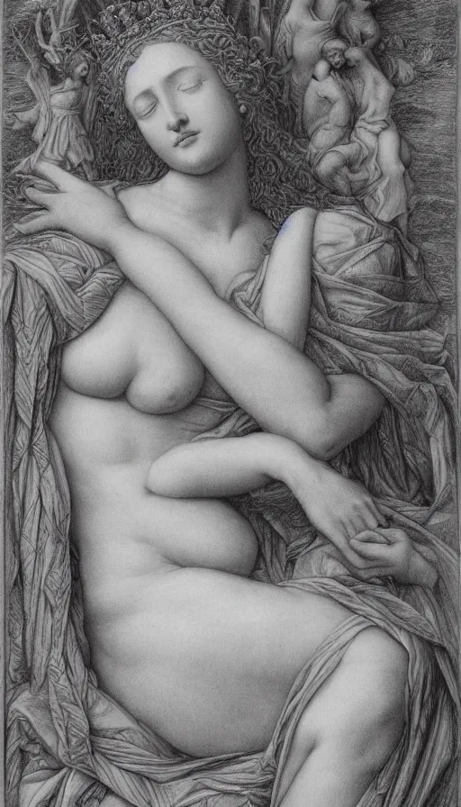 Image similar to the empress by evelyn de morgan, black and white graphite drawing, fertility, nature, sitting in a stone throne