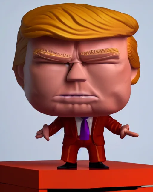 Image similar to full body 3d render of funko pop donald trump as a funko pop, orange wrinkly skin, studio lighting, white background, blender, trending on artstation, 8k, highly detailed