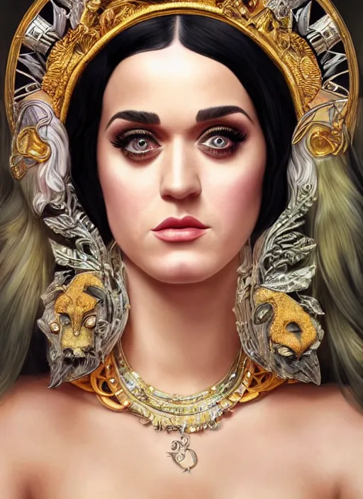 Image similar to Katy Perry as a Greek Goddess, beautiful detailed eyes, cute, fantasy, intricate, elegant, highly detailed, digital painting, 4k, HDR, concept art, detailed jewelry, smooth, sharp focus, illustration, art by Artgerm, H R Giger and Alphonse Mucha