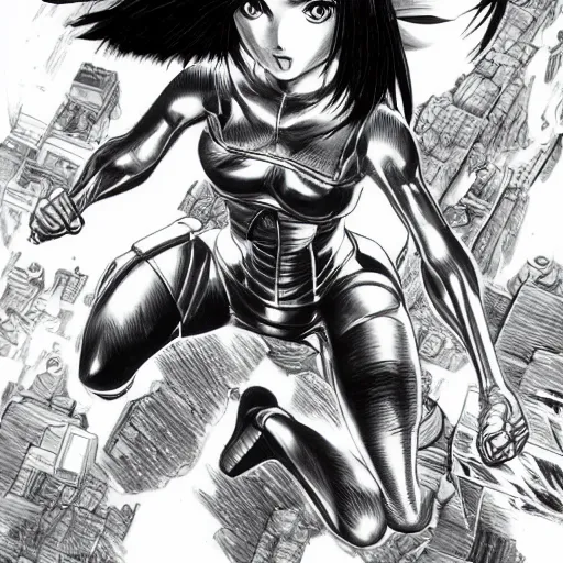 Image similar to alita by yukito kishiro. medium shot. black and white manga. pencil drawing.