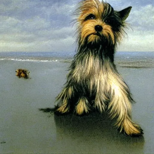 Image similar to Yorkie dog, extremely detailed masterpiece, illustration, by Michael Sowa,