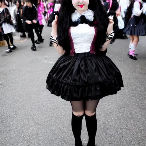 Image similar to cute looking martin shkreli wearing gothic lolita dress photographed at harajuku tokyo street fashion event,