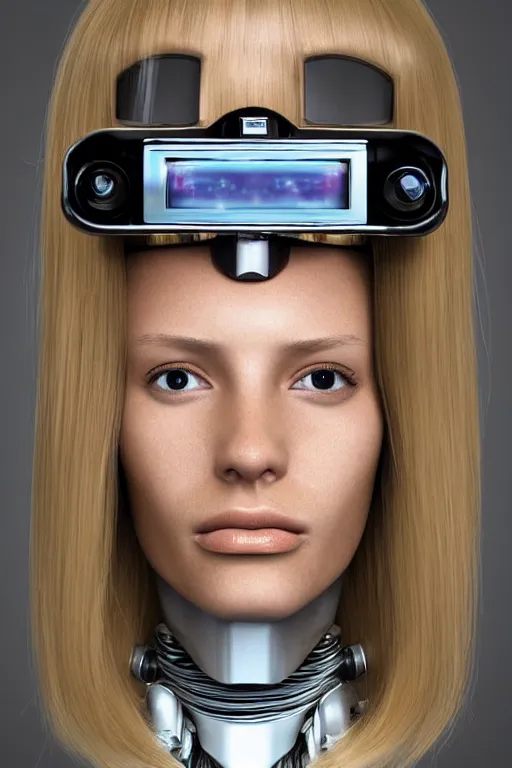 Image similar to robot with human face, female head, full body angle, woman human face, human face realistic, beautiful blonde hair, human head, human head with blonde hair, blonde hair human head, blonde hair, human realistic face, human head skin, cyborg frame concept, cyborg by ales-kotnik, sci-fi android female, the body is made of wires, robotic body, cyborg body, cyborg bust body, robot body cyborg, full body