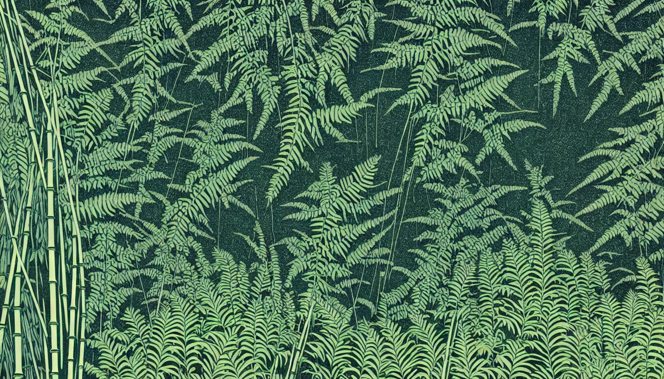 Image similar to close up of fern with bamboo grove in the background by woodblock print, nicolas delort, moebius, victo ngai, josan gonzalez, kilian eng