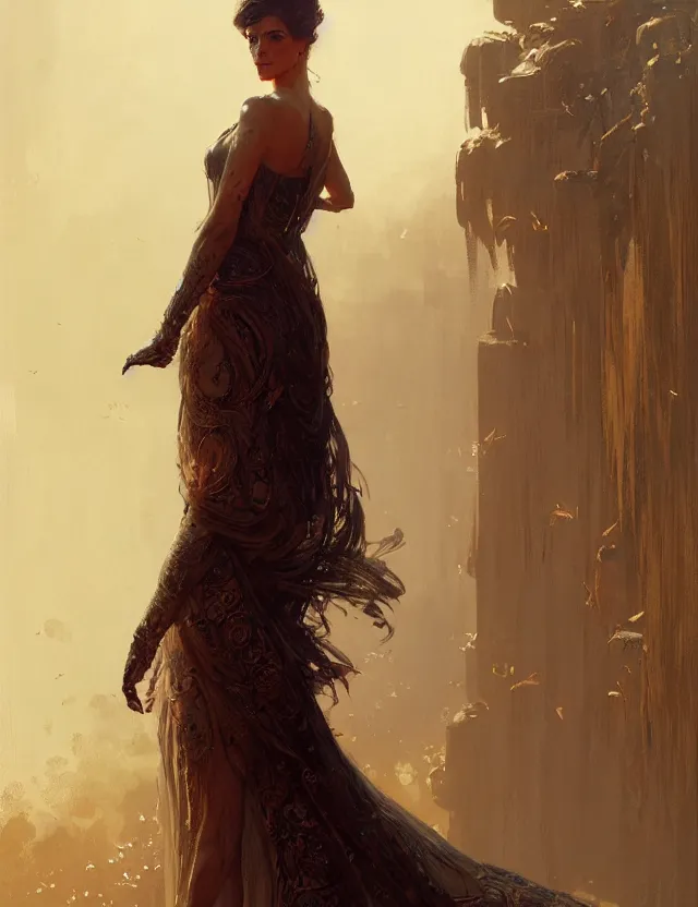 Image similar to portrait of a lady in a long dress, concept art, intricate details, very detailed works by greg rutkowski, gaston bussiere, craig mullins, simon beasley