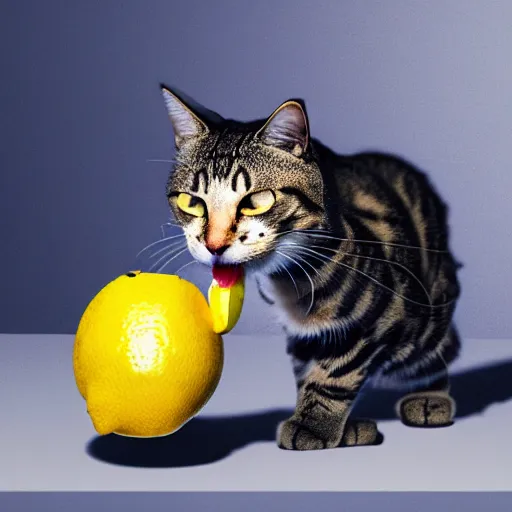 Prompt: a cat eating a lemon in disgust, photorealistic, 4K