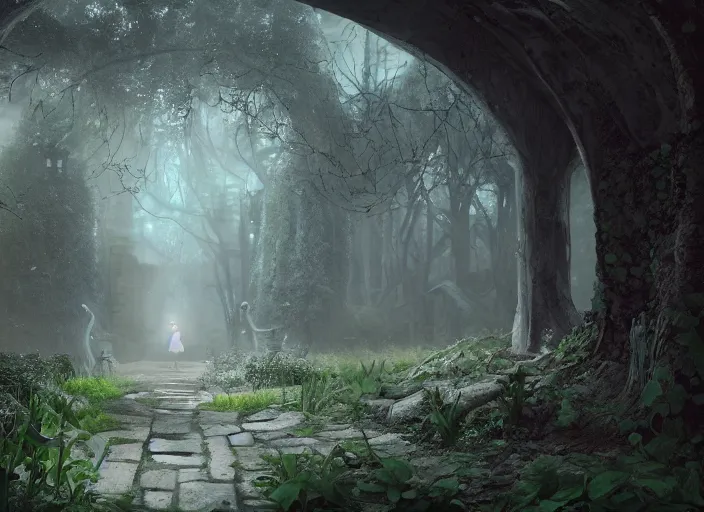 Prompt: secret garden, girl, pathway, spooky, dark, in the style of pan's labyrinth movie, concept art, unreal engine 5, matte painting, artstation, caspar friedrich, wlop