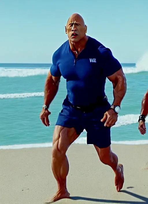 Image similar to film still of joe biden as dwayne johnson in baywatch movie 2 0 1 7, 8 k