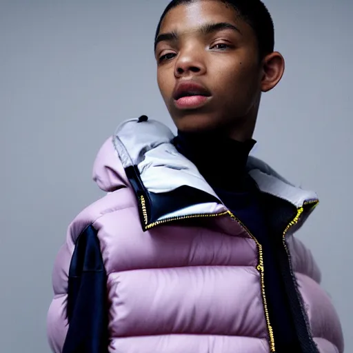 Prompt: realistic photoshooting for a new issey miyake lookbook, color film photography, portrait of a beautiful woman, model is wearing a asymetrical puffer jacket, in style of tyler mitchell, 3 5 mm,