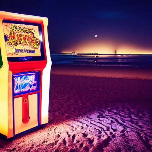 Prompt: a lovely arcade machine on the beach at night. photograph in the style of simon stalenhag