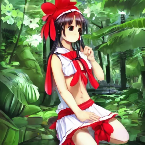 Prompt: a wlop of reimu in the jungle wearing bonnet