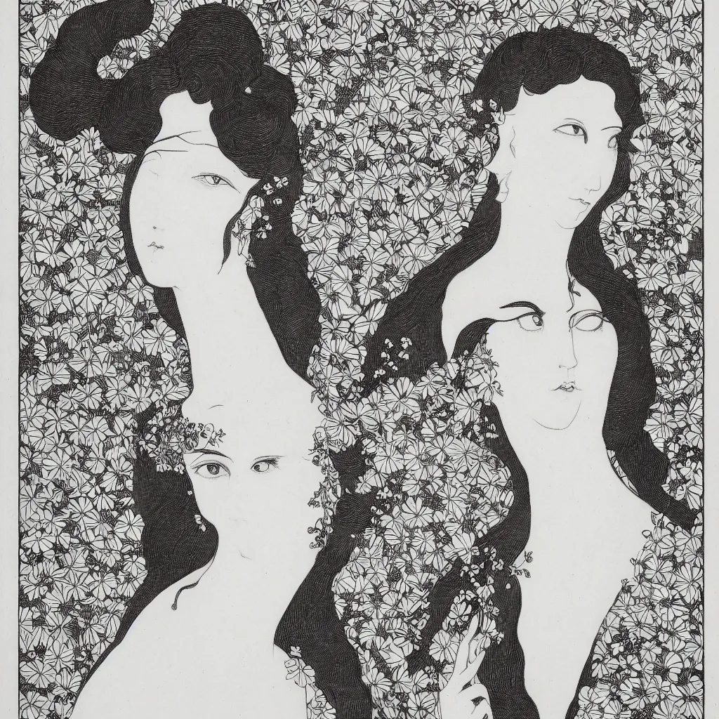 Prompt: , 4k, highly detailed, sharp focus 4k, highly detailed, sharp focus lithography by Aubrey Beardsley, symmetric portrait of one beautiful woman with flowers in her hair