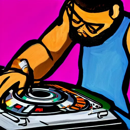 Prompt: cy tumbly painting of a dj playing music