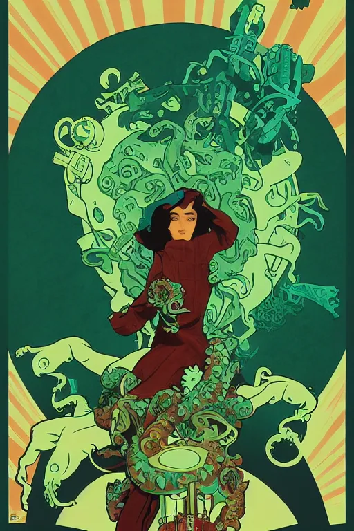 Prompt: a movie poster for the film (green monster octopus) by Tom Whalen, by Alphonse Mucha, highly detailed, fantasy, artstation