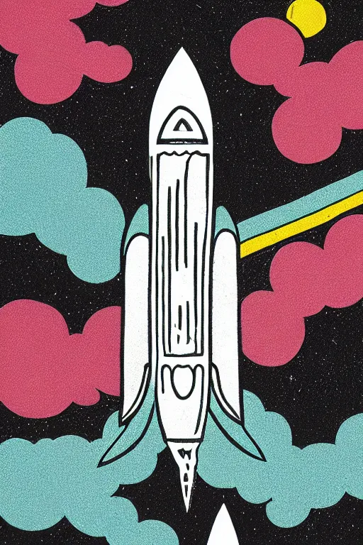 Image similar to mcbess illustration of a rocket ship , rainbow gouache