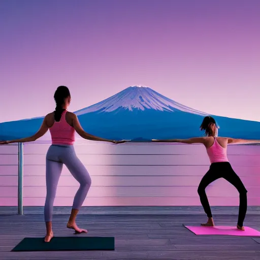 Image similar to two people doing yoga, on a ledge overlooking Mount Fuji - light pink coloring, 8k render octane,