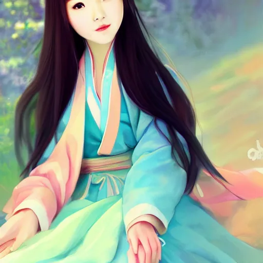 Image similar to pretty korean woman wearing beatiful hanbok, face by artgerm, bright pastel colors, studio ghibli painterly style, trending on artstation, tarot card