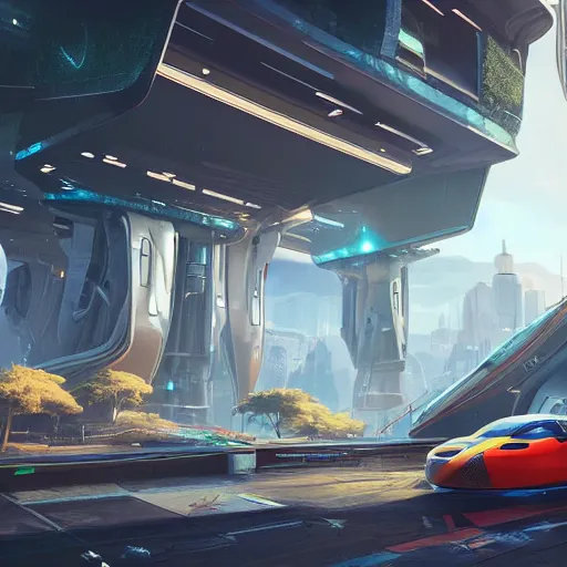 Prompt: glowing sci-fi building in a pleasant urban setting with a futuristic car alongside, peaceful, majestic, a sense of optimism, in style of apex legends, art station, ultra hd, soft light, overhead sun, ultra hd, art station