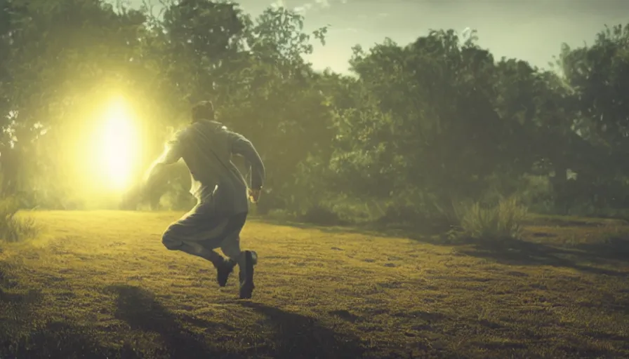 Prompt: a man dressed as a drug tablet running away from dirt, illustration, cinematic lighting, establishing shot