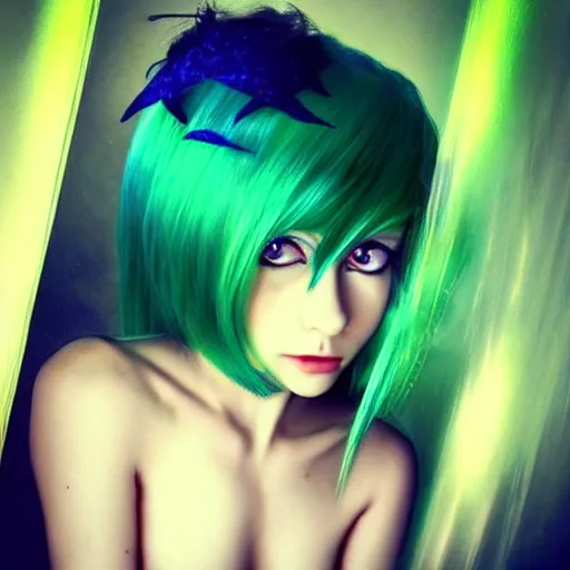 Image similar to beautiful, green haired, anime girl, blue eyes, fairy wings